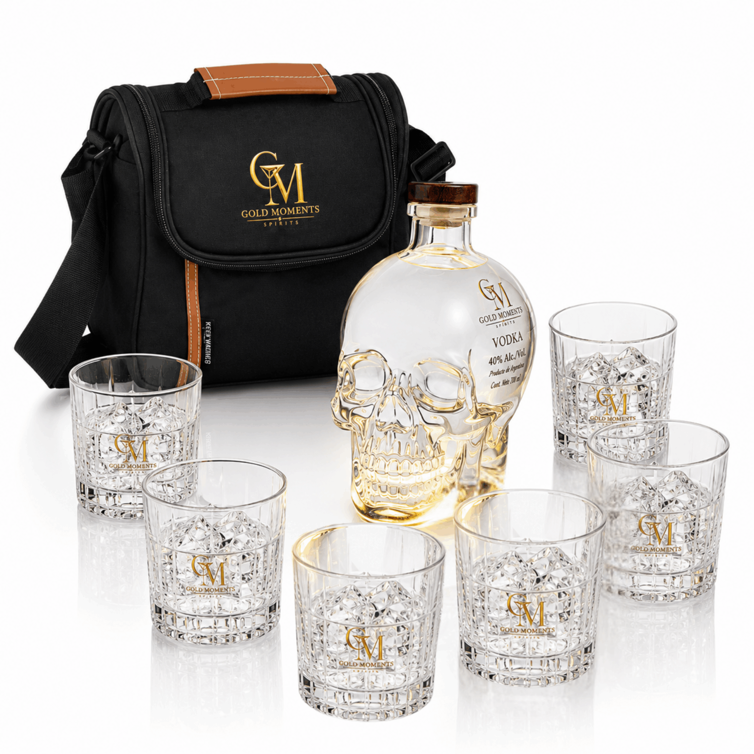 Kit Vodka Calavera Gold Moments + 6 Vasos + Bolso Termico